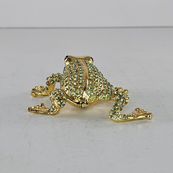 Gold Tone Frog Trinket Box Green Rhinestones Hinged Lid Small Jewelry Storage - Picture 4 of 6
